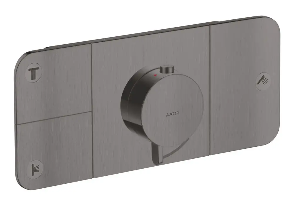 Thermostatmodul von AXOR mit runder Steuerung und zwei funktionalen Symboldarstellungen für Warmwasser und Dusche, montiert auf einer flachen, gebürsteten Oberfläche.